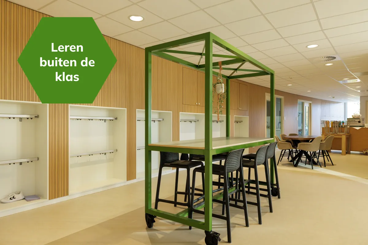 Leerplein met statafels onder een groen frame en een zithoek, met het label Leren buiten de klas